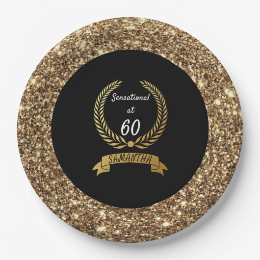 60e zwarte goudglitter Elegant Birthday Party Papieren Bordje (Voorkant)