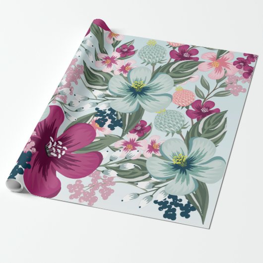 60lb wikkelpapier Roll Tropische bloemen op blauw Cadeaupapier (Uitgerold)