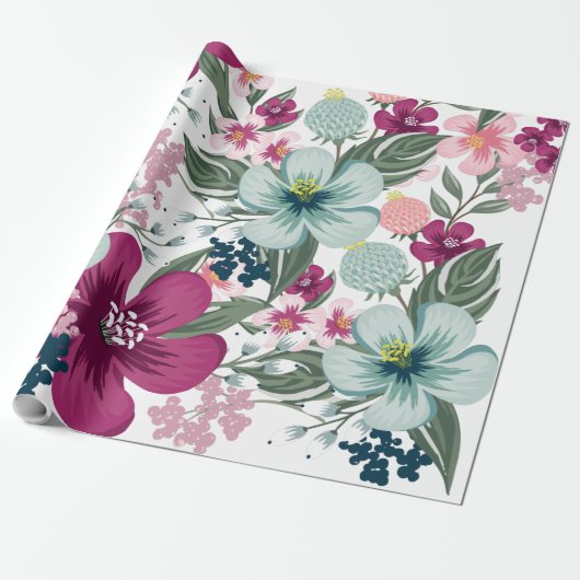 60lb Wrapping Paper Roll Tropische Bloemen op Wit Cadeaupapier (Uitgerold)