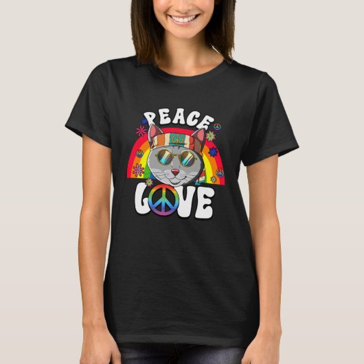 60s 70s Costume Peace Love Hippie Cat T-shirt (Voorkant)