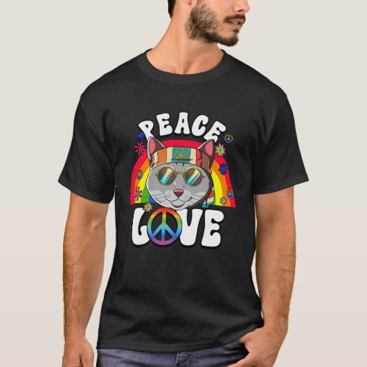 60s 70s Costume Peace Love Hippie Cat T-shirt (Voorkant)