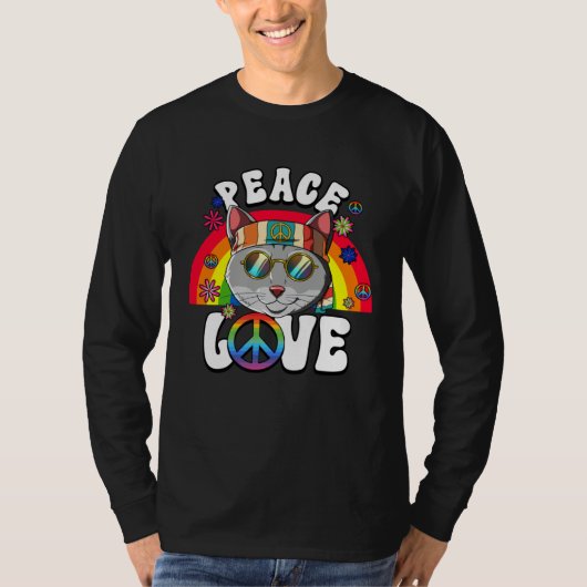 60s 70s Costume Peace Love Hippie Cat T-shirt (Voorkant)