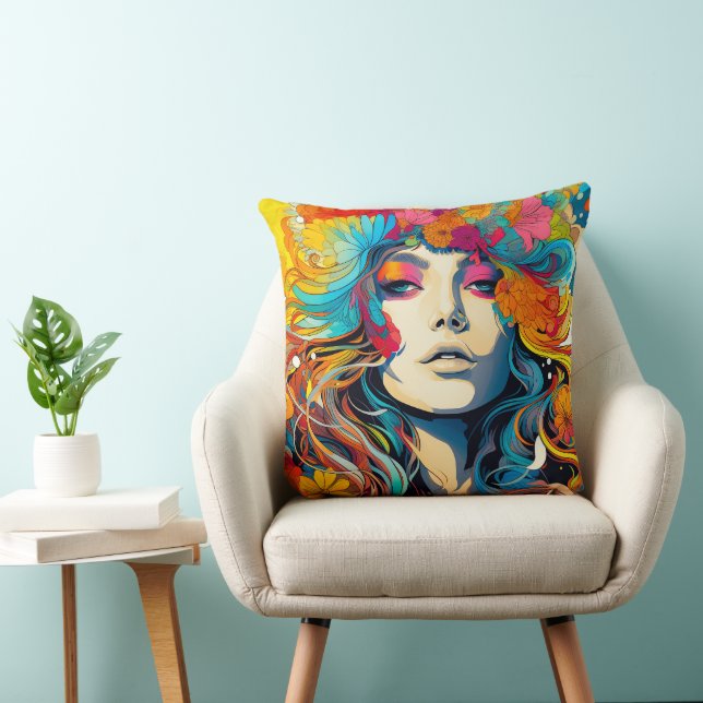 60s 70s Hippy Vrouw Psychedelische Hippie Kussen (Stoel)