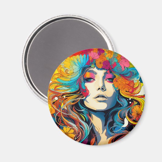 60s 70s Hippy Woman Psychedelic Hippie Magneet (Voorkant / Achterkant)