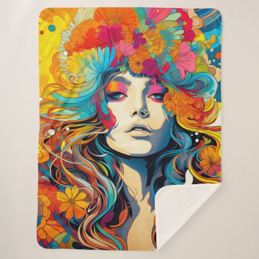 60s 70s Hippy Woman Psychedelic Hippie Sherpa Deken (Voorkant)