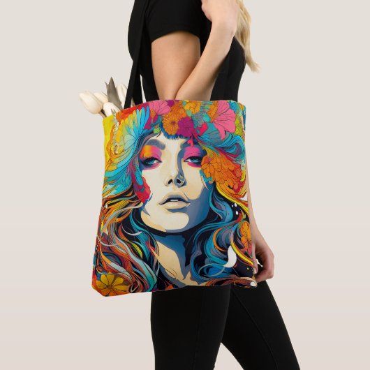 60s 70s Hippy Woman Psychedelic Hippie Tote Bag (Dichtbij)