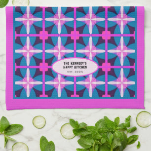 60s Abstract Roze Blauw Bloem Kaleidoscoop Design  Theedoek