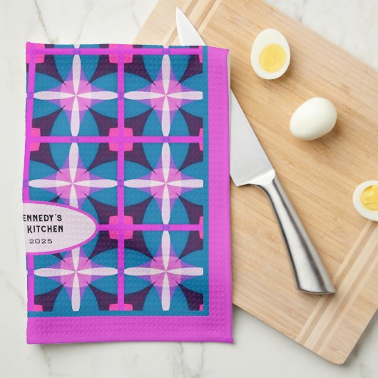 60s Abstract Roze Blauw Bloemen Kaleidoscoop Ontwe Theedoek (Quarter Fold)