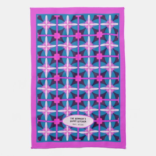 60s Abstract Roze Blauw Bloemen Kaleidoscoop Ontwe Theedoek (Verticaal)