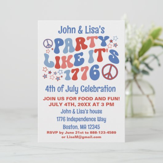 60s Retro Groovy 4th van juli Feestuitnodiging Kaart (Staand voorkant)