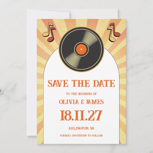 60s Retro Sinaasappel Muziek Vinyl Groovy Bruiloft Save The Date (Voorkant)