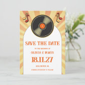 60s Retro Sinaasappel Muziek Vinyl Groovy Bruiloft Save The Date (Staand voorkant)
