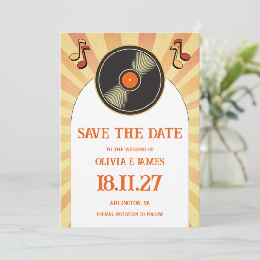 60s Retro Sinaasappel Muziek Vinyl Groovy Bruiloft Save The Date (Staand voorkant)