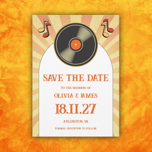 60s Retro Sinaasappel Muziek Vinyl Groovy Bruiloft Save The Date