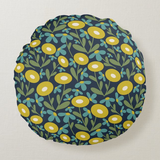 60s Retro Zomer Zee Blauw Rond Kussen (Voorkant)
