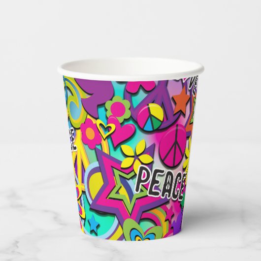 60's Sixties Kleurrijke Flower Power verjaardagsfe Papieren Bekers (Achterkant)