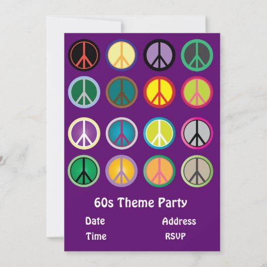 60s thema vredes bord hippy party kaart (Voorkant)