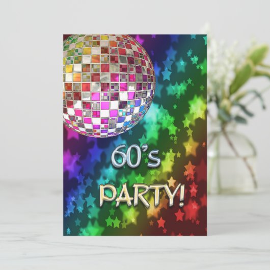 60s uitnodiging met discobal en regenboog van ster (Staand voorkant)