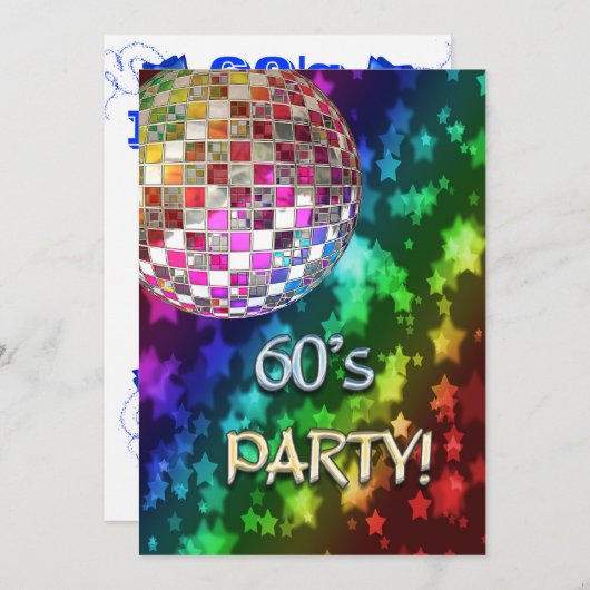 60s uitnodiging met discobal en regenboog van ster (Voorkant / Achterkant)