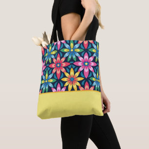 60s Vibe Mod Daisies, Kleurenblok Tote Bag
