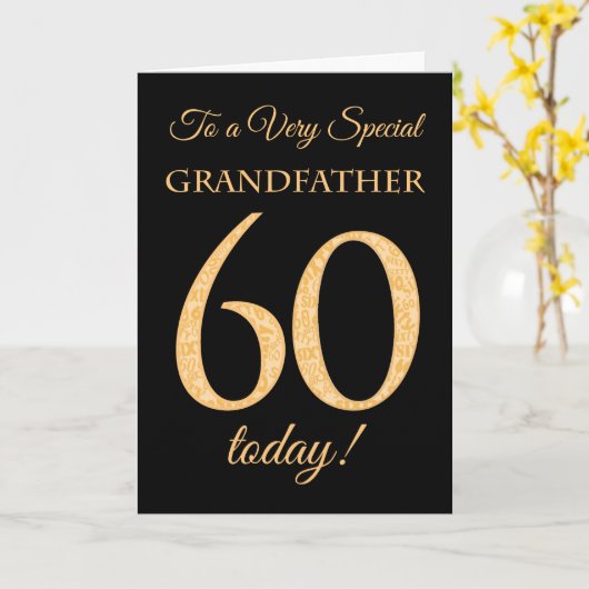 60ste Gouden Effect op Zwart, Grootvader Verjaarda Kaart (Gele Bloem)