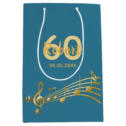 60ste gouden muzieknoten blauwgroen blauw groen medium cadeauzakje (Voorkant)