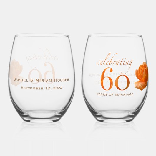 60ste huwelijksverjaardag aanpassen perzik roos ca wijnglas zonder voet (Achterkant)