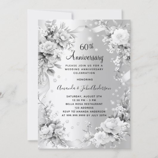 60ste huwelijksverjaardag diamant zilveren bloemen kaart (Voorkant)