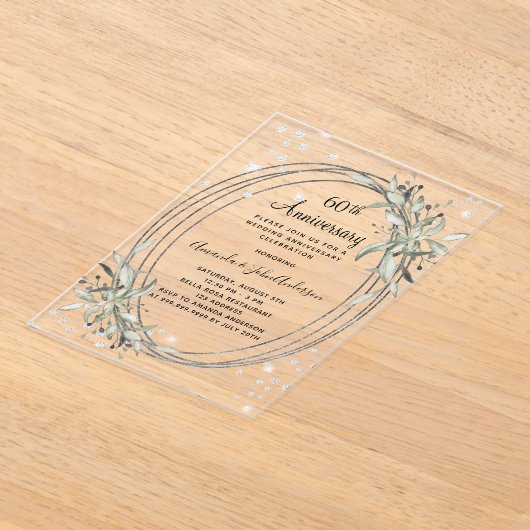 60ste huwelijksverjaardag zilver groen diamant acryl uitnodigingen (Laagn)