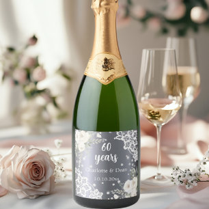 60ste huwelijksverjaardag Zilveren Bloemen Diamant Sparkling Wijnetiket