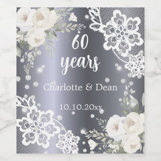 60ste huwelijksverjaardag Zilveren Bloemen Diamant Wijn Etiket (Enkel label)