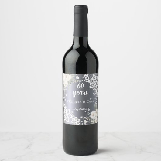60ste huwelijksverjaardag Zilveren Bloemen Diamant Wijn Etiket (Voorkant)