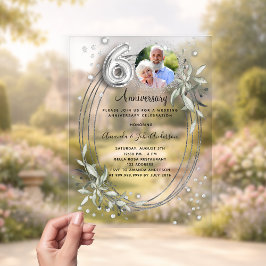 60ste huwelijksverjaardag zilveren foto diamant acryl uitnodigingen