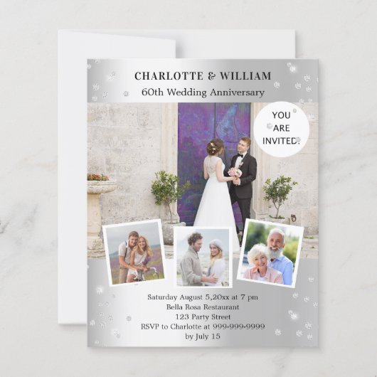 60ste huwelijksverjaardag zilveren foto uitnodigin (Voorkant)