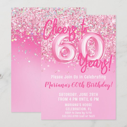 60ste Roze Glitter Verjaardagsfeestje Kaart (Voorkant / Achterkant)