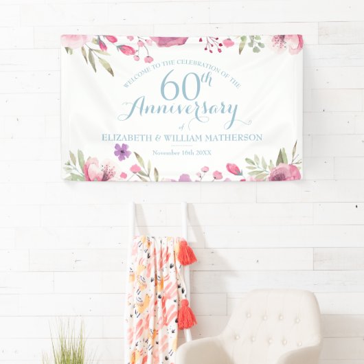 60ste verjaardag Aquarelrozen Bloemrijke Welkom Spandoek (Insitu)