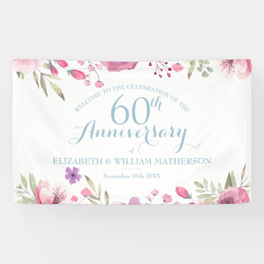 60ste verjaardag Aquarelrozen Bloemrijke Welkom Spandoek (Horizontaal)