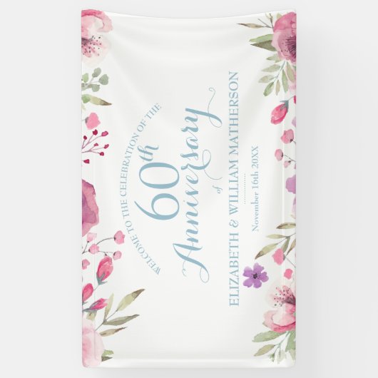 60ste verjaardag Aquarelrozen Bloemrijke Welkom Spandoek (Verticaal)