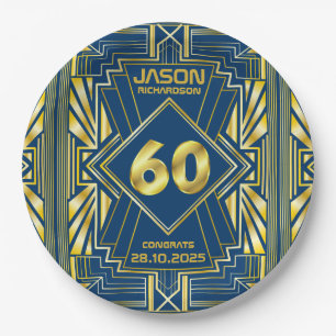 60ste verjaardag Art Deco Gold Blue Gatsby Papieren Bordje