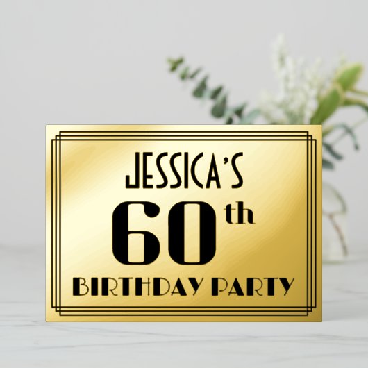 60ste verjaardag: Art Deco Kijk "60" en naam Folie Uitnodiging (Staand Voorkant)