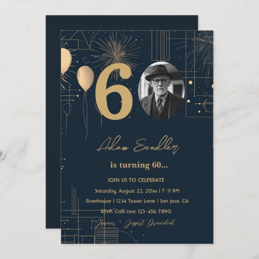 60ste verjaardag ballonnen en vuurwerk kaart (Voorkant / Achterkant)