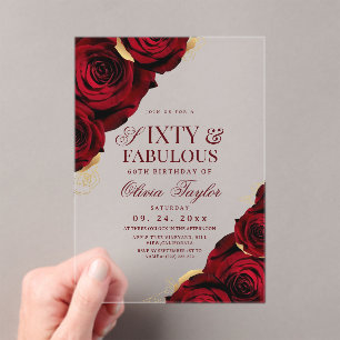 60ste verjaardag Burgundy Gold Roses Acryl Uitnodigingen