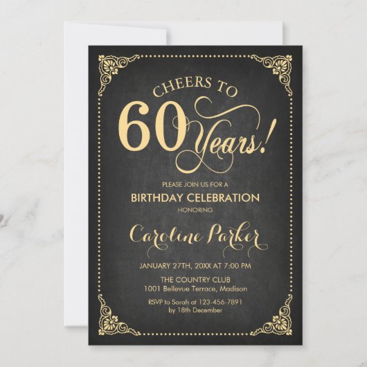 60ste verjaardag - Chalkboard Gold Kaart (Voorkant)