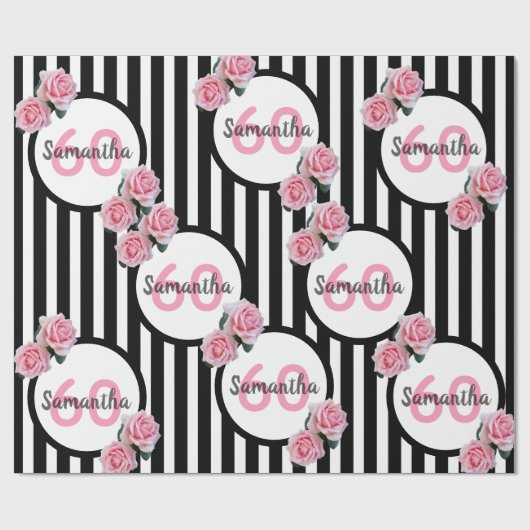 60ste verjaardag chic roze rozen zwart witte strep cadeaupapier (Vlak)
