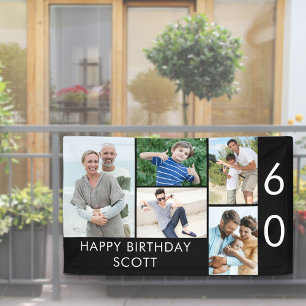 60ste verjaardag Fotocollage 5 foto's Zwart Wit Spandoek