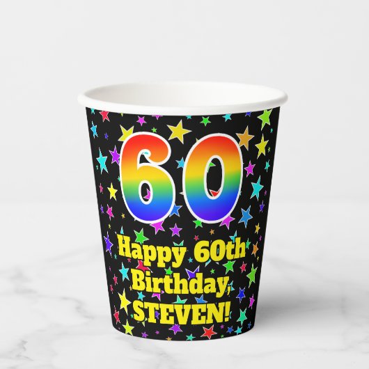 60ste verjaardag: Fun Stars Pattern en Rainbow 60 Papieren Bekers (Voorkant)