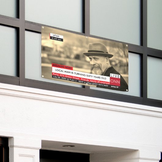60ste verjaardag Heren Grappig TV-nieuws Spandoek (Buitenkant Gebouw)