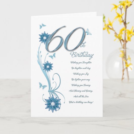 60ste verjaardag in blauwgroen met bloemen en vlin kaart (Gele Bloem)