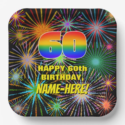 60ste verjaardag: kleurrijk, gevierd vuurwerk papieren bordje (Voorkant)