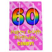 60ste verjaardag: Leuke roze harten strepen; Regen Medium Cadeauzakje (Achterkant)